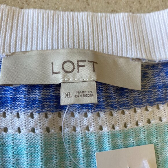 Loft NWT Striped Puff Sleeve V-Neck Cardigan Top Women Size XL White Blue Gray - Picture 6 of 12